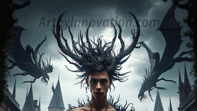 AI male art photos with a fantastical atmosphere. Imagine a Hogwarts School of Witchcraft student, from the Harry Potter series, a handsome, beautiful, and attractive, shirtless young teenage boy, standing firm against a threat. With a detailed Hogwarts castle background, casting a powerful spell, conjuring creatures based on their assigned house crest. From Demonic snakes, powerful lions, fierce badgers, or a murder of Crows. Dementors floating ominously in a cloudy sky, and sparks, shadows, and cinematic lighting, offering an otherworldly vibe.