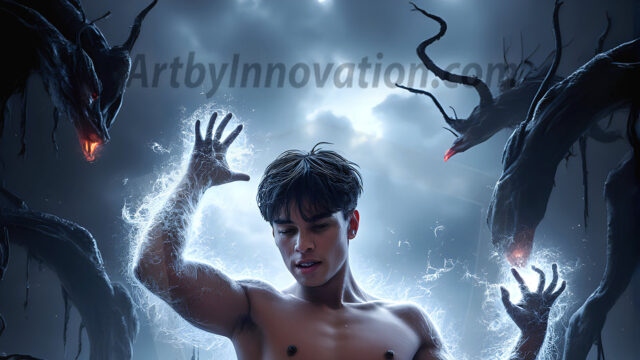 AI male art photos with a fantastical atmosphere. Imagine a Hogwarts School of Witchcraft student, from the Harry Potter series, a handsome, beautiful, and attractive, shirtless young teenage boy, standing firm against a threat. With a detailed Hogwarts castle background, casting a powerful spell, conjuring creatures based on their assigned house crest. From Demonic snakes, powerful lions, fierce badgers, or a murder of Crows. Dementors floating ominously in a cloudy sky, and sparks, shadows, and cinematic lighting, offering an otherworldly vibe.