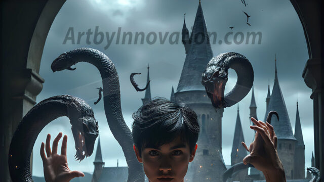 AI male art photos with a fantastical atmosphere. Imagine a Hogwarts School of Witchcraft student, from the Harry Potter series, a handsome, beautiful, and attractive, shirtless young teenage boy, standing firm against a threat. With a detailed Hogwarts castle background, casting a powerful spell, conjuring creatures based on their assigned house crest. From Demonic snakes, powerful lions, fierce badgers, or a murder of Crows. Dementors floating ominously in a cloudy sky, and sparks, shadows, and cinematic lighting, offering an otherworldly vibe.