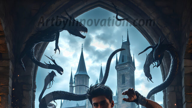 AI male art photos with a fantastical atmosphere. Imagine a Hogwarts School of Witchcraft student, from the Harry Potter series, a handsome, beautiful, and attractive, shirtless young teenage boy, standing firm against a threat. With a detailed Hogwarts castle background, casting a powerful spell, conjuring creatures based on their assigned house crest. From Demonic snakes, powerful lions, fierce badgers, or a murder of Crows. Dementors floating ominously in a cloudy sky, and sparks, shadows, and cinematic lighting, offering an otherworldly vibe.