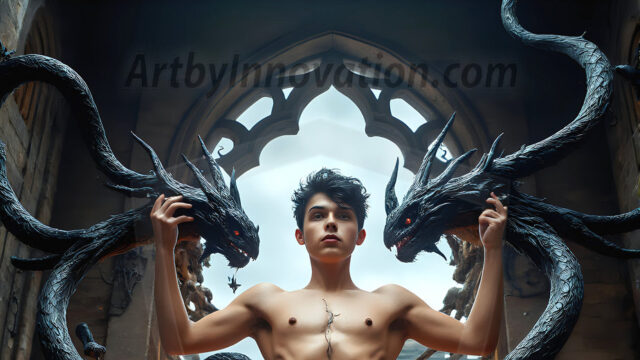 AI male art photos with a fantastical atmosphere. Imagine a Hogwarts School of Witchcraft student, from the Harry Potter series, a handsome, beautiful, and attractive, shirtless young teenage boy, standing firm against a threat. With a detailed Hogwarts castle background, casting a powerful spell, conjuring creatures based on their assigned house crest. From Demonic snakes, powerful lions, fierce badgers, or a murder of Crows. Dementors floating ominously in a cloudy sky, and sparks, shadows, and cinematic lighting, offering an otherworldly vibe.