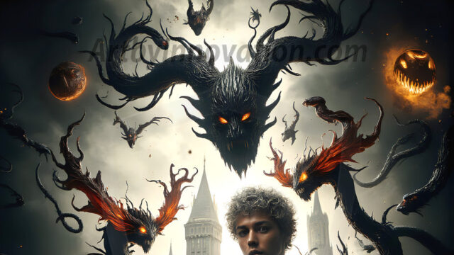 AI male art photos with a fantastical atmosphere. Imagine a Hogwarts School of Witchcraft student, from the Harry Potter series, a handsome, beautiful, and attractive, shirtless young teenage boy, standing firm against a threat. With a detailed Hogwarts castle background, casting a powerful spell, conjuring creatures based on their assigned house crest. From Demonic snakes, powerful lions, fierce badgers, or a murder of Crows. Dementors floating ominously in a cloudy sky, and sparks, shadows, and cinematic lighting, offering an otherworldly vibe.