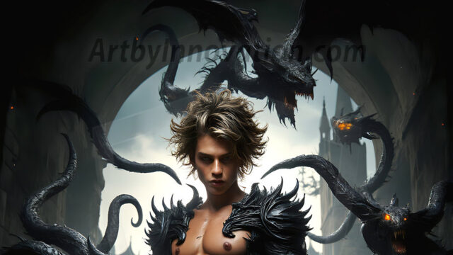 AI male art photos with a fantastical atmosphere. Imagine a Hogwarts School of Witchcraft student, from the Harry Potter series, a handsome, beautiful, and attractive, shirtless young teenage boy, standing firm against a threat. With a detailed Hogwarts castle background, casting a powerful spell, conjuring creatures based on their assigned house crest. From Demonic snakes, powerful lions, fierce badgers, or a murder of Crows. Dementors floating ominously in a cloudy sky, and sparks, shadows, and cinematic lighting, offering an otherworldly vibe.