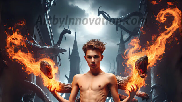 AI male art photos with a fantastical atmosphere. Imagine a Hogwarts School of Witchcraft student, from the Harry Potter series, a handsome, beautiful, and attractive, shirtless young teenage boy, standing firm against a threat. With a detailed Hogwarts castle background, casting a powerful spell, conjuring creatures based on their assigned house crest. From Demonic snakes, powerful lions, fierce badgers, or a murder of Crows. Dementors floating ominously in a cloudy sky, and sparks, shadows, and cinematic lighting, offering an otherworldly vibe.
