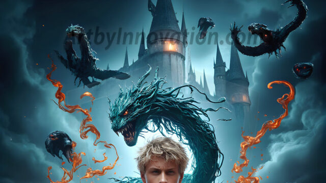 AI male art photos with a fantastical atmosphere. Imagine a Hogwarts School of Witchcraft student, from the Harry Potter series, a handsome, beautiful, and attractive, shirtless young teenage boy, standing firm against a threat. With a detailed Hogwarts castle background, casting a powerful spell, conjuring creatures based on their assigned house crest. From Demonic snakes, powerful lions, fierce badgers, or a murder of Crows. Dementors floating ominously in a cloudy sky, and sparks, shadows, and cinematic lighting, offering an otherworldly vibe.