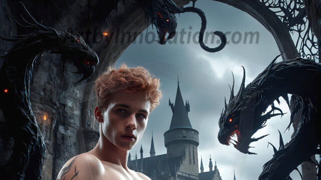 AI male art photos with a fantastical atmosphere. Imagine a Hogwarts School of Witchcraft student, from the Harry Potter series, a handsome, beautiful, and attractive, shirtless young teenage boy, standing firm against a threat. With a detailed Hogwarts castle background, casting a powerful spell, conjuring creatures based on their assigned house crest. From Demonic snakes, powerful lions, fierce badgers, or a murder of Crows. Dementors floating ominously in a cloudy sky, and sparks, shadows, and cinematic lighting, offering an otherworldly vibe.