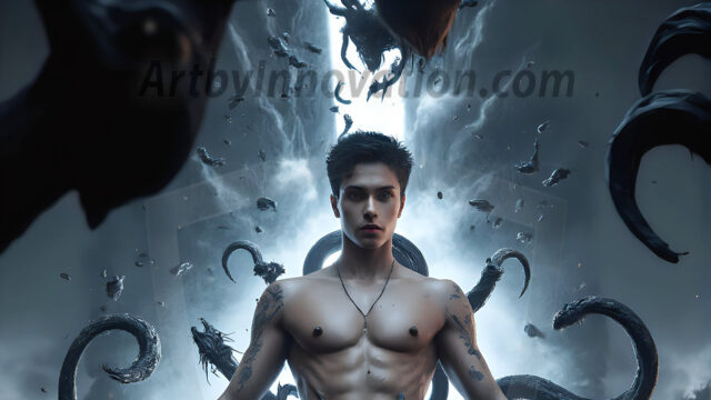 AI male art photos with a fantastical atmosphere. Imagine a Hogwarts School of Witchcraft student, from the Harry Potter series, a handsome, beautiful, and attractive, shirtless young teenage boy, standing firm against a threat. With a detailed Hogwarts castle background, casting a powerful spell, conjuring creatures based on their assigned house crest. From Demonic snakes, powerful lions, fierce badgers, or a murder of Crows. Dementors floating ominously in a cloudy sky, and sparks, shadows, and cinematic lighting, offering an otherworldly vibe.