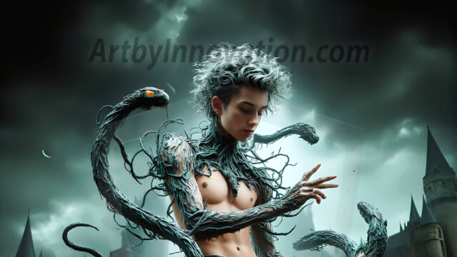 AI male art photos with a fantastical atmosphere. Imagine a Hogwarts School of Witchcraft student, from the Harry Potter series, a handsome, beautiful, and attractive, shirtless young teenage boy, standing firm against a threat. With a detailed Hogwarts castle background, casting a powerful spell, conjuring creatures based on their assigned house crest. From Demonic snakes, powerful lions, fierce badgers, or a murder of Crows. Dementors floating ominously in a cloudy sky, and sparks, shadows, and cinematic lighting, offering an otherworldly vibe.