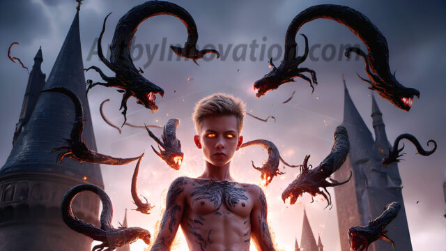 AI male art photos with a fantastical atmosphere. Imagine a Hogwarts School of Witchcraft student, from the Harry Potter series, a handsome, beautiful, and attractive, shirtless young teenage boy, standing firm against a threat. With a detailed Hogwarts castle background, casting a powerful spell, conjuring creatures based on their assigned house crest. From Demonic snakes, powerful lions, fierce badgers, or a murder of Crows. Dementors floating ominously in a cloudy sky, and sparks, shadows, and cinematic lighting, offering an otherworldly vibe.