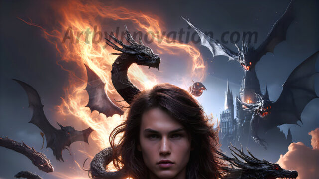 AI male art photos with a fantastical atmosphere. Imagine a Hogwarts School of Witchcraft student, from the Harry Potter series, a handsome, beautiful, and attractive, shirtless young teenage boy, standing firm against a threat. With a detailed Hogwarts castle background, casting a powerful spell, conjuring creatures based on their assigned house crest. From Demonic snakes, powerful lions, fierce badgers, or a murder of Crows. Dementors floating ominously in a cloudy sky, and sparks, shadows, and cinematic lighting, offering an otherworldly vibe.