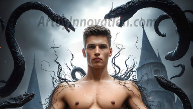 AI male art photos with a fantastical atmosphere. Imagine a Hogwarts School of Witchcraft student, from the Harry Potter series, a handsome, beautiful, and attractive, shirtless young teenage boy, standing firm against a threat. With a detailed Hogwarts castle background, casting a powerful spell, conjuring creatures based on their assigned house crest. From Demonic snakes, powerful lions, fierce badgers, or a murder of Crows. Dementors floating ominously in a cloudy sky, and sparks, shadows, and cinematic lighting, offering an otherworldly vibe.