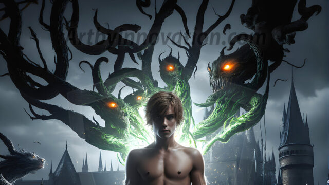 AI male art photos with a fantastical atmosphere. Imagine a Hogwarts School of Witchcraft student, from the Harry Potter series, a handsome, beautiful, and attractive, shirtless young teenage boy, standing firm against a threat. With a detailed Hogwarts castle background, casting a powerful spell, conjuring creatures based on their assigned house crest. From Demonic snakes, powerful lions, fierce badgers, or a murder of Crows. Dementors floating ominously in a cloudy sky, and sparks, shadows, and cinematic lighting, offering an otherworldly vibe.