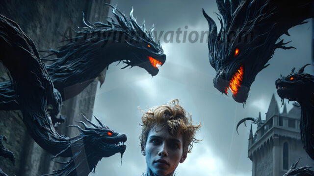 AI male art photos with a fantastical atmosphere. Imagine a Hogwarts School of Witchcraft student, from the Harry Potter series, a handsome, beautiful, and attractive, shirtless young teenage boy, standing firm against a threat. With a detailed Hogwarts castle background, casting a powerful spell, conjuring creatures based on their assigned house crest. From Demonic snakes, powerful lions, fierce badgers, or a murder of Crows. Dementors floating ominously in a cloudy sky, and sparks, shadows, and cinematic lighting, offering an otherworldly vibe.