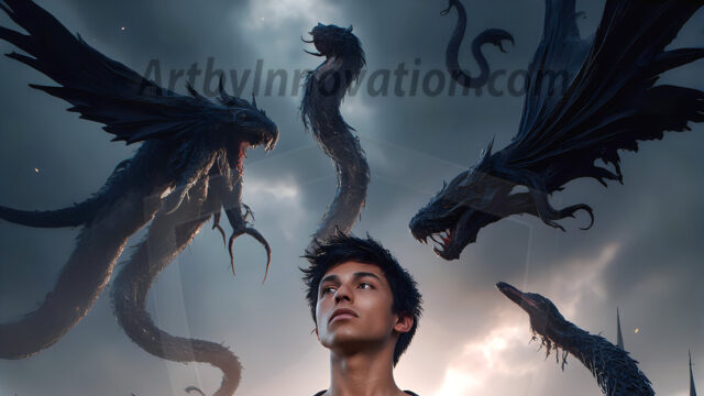 AI male art photos with a fantastical atmosphere. Imagine a Hogwarts School of Witchcraft student, from the Harry Potter series, a handsome, beautiful, and attractive, shirtless young teenage boy, standing firm against a threat. With a detailed Hogwarts castle background, casting a powerful spell, conjuring creatures based on their assigned house crest. From Demonic snakes, powerful lions, fierce badgers, or a murder of Crows. Dementors floating ominously in a cloudy sky, and sparks, shadows, and cinematic lighting, offering an otherworldly vibe.