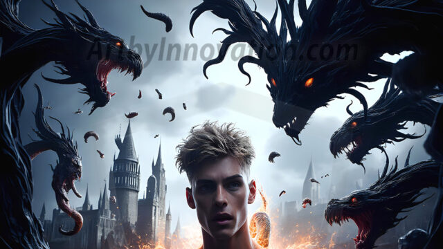 AI male art photos with a fantastical atmosphere. Imagine a Hogwarts School of Witchcraft student, from the Harry Potter series, a handsome, beautiful, and attractive, shirtless young teenage boy, standing firm against a threat. With a detailed Hogwarts castle background, casting a powerful spell, conjuring creatures based on their assigned house crest. From Demonic snakes, powerful lions, fierce badgers, or a murder of Crows. Dementors floating ominously in a cloudy sky, and sparks, shadows, and cinematic lighting, offering an otherworldly vibe.