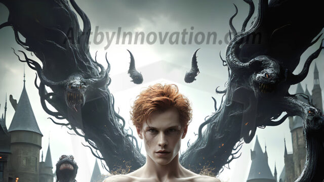 AI male art photos with a fantastical atmosphere. Imagine a Hogwarts School of Witchcraft student, from the Harry Potter series, a handsome, beautiful, and attractive, shirtless young teenage boy, standing firm against a threat. With a detailed Hogwarts castle background, casting a powerful spell, conjuring creatures based on their assigned house crest. From Demonic snakes, powerful lions, fierce badgers, or a murder of Crows. Dementors floating ominously in a cloudy sky, and sparks, shadows, and cinematic lighting, offering an otherworldly vibe.