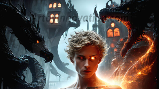 AI male art photos with a fantastical atmosphere. Imagine a Hogwarts School of Witchcraft student, from the Harry Potter series, a handsome, beautiful, and attractive, shirtless young teenage boy, standing firm against a threat. With a detailed Hogwarts castle background, casting a powerful spell, conjuring creatures based on their assigned house crest. From Demonic snakes, powerful lions, fierce badgers, or a murder of Crows. Dementors floating ominously in a cloudy sky, and sparks, shadows, and cinematic lighting, offering an otherworldly vibe.