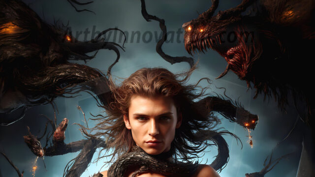 AI male art photos with a fantastical atmosphere. Imagine a Hogwarts School of Witchcraft student, from the Harry Potter series, a handsome, beautiful, and attractive, shirtless young teenage boy, standing firm against a threat. With a detailed Hogwarts castle background, casting a powerful spell, conjuring creatures based on their assigned house crest. From Demonic snakes, powerful lions, fierce badgers, or a murder of Crows. Dementors floating ominously in a cloudy sky, and sparks, shadows, and cinematic lighting, offering an otherworldly vibe.