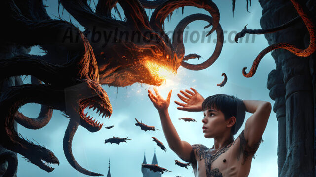 AI male art photos with a fantastical atmosphere. Imagine a Hogwarts School of Witchcraft student, from the Harry Potter series, a handsome, beautiful, and attractive, shirtless young teenage boy, standing firm against a threat. With a detailed Hogwarts castle background, casting a powerful spell, conjuring creatures based on their assigned house crest. From Demonic snakes, powerful lions, fierce badgers, or a murder of Crows. Dementors floating ominously in a cloudy sky, and sparks, shadows, and cinematic lighting, offering an otherworldly vibe.