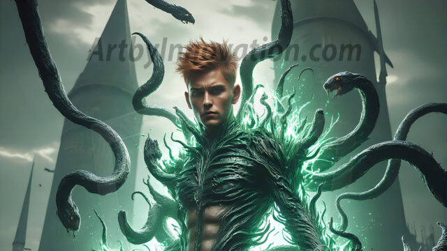 AI male art photos with a fantastical atmosphere. Imagine a Hogwarts School of Witchcraft student, from the Harry Potter series, a handsome, beautiful, and attractive, shirtless young teenage boy, standing firm against a threat. With a detailed Hogwarts castle background, casting a powerful spell, conjuring creatures based on their assigned house crest. From Demonic snakes, powerful lions, fierce badgers, or a murder of Crows. Dementors floating ominously in a cloudy sky, and sparks, shadows, and cinematic lighting, offering an otherworldly vibe.