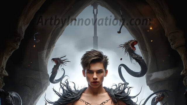 AI male art photos with a fantastical atmosphere. Imagine a Hogwarts School of Witchcraft student, from the Harry Potter series, a handsome, beautiful, and attractive, shirtless young teenage boy, standing firm against a threat. With a detailed Hogwarts castle background, casting a powerful spell, conjuring creatures based on their assigned house crest. From Demonic snakes, powerful lions, fierce badgers, or a murder of Crows. Dementors floating ominously in a cloudy sky, and sparks, shadows, and cinematic lighting, offering an otherworldly vibe.