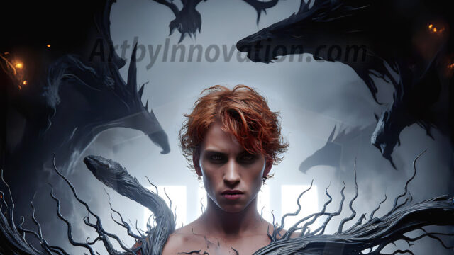 AI male art photos with a fantastical atmosphere. Imagine a Hogwarts School of Witchcraft student, from the Harry Potter series, a handsome, beautiful, and attractive, shirtless young teenage boy, standing firm against a threat. With a detailed Hogwarts castle background, casting a powerful spell, conjuring creatures based on their assigned house crest. From Demonic snakes, powerful lions, fierce badgers, or a murder of Crows. Dementors floating ominously in a cloudy sky, and sparks, shadows, and cinematic lighting, offering an otherworldly vibe.