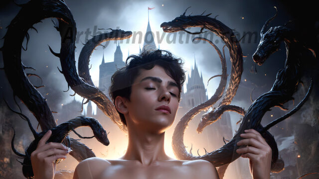 AI male art photos with a fantastical atmosphere. Imagine a Hogwarts School of Witchcraft student, from the Harry Potter series, a handsome, beautiful, and attractive, shirtless young teenage boy, standing firm against a threat. With a detailed Hogwarts castle background, casting a powerful spell, conjuring creatures based on their assigned house crest. From Demonic snakes, powerful lions, fierce badgers, or a murder of Crows. Dementors floating ominously in a cloudy sky, and sparks, shadows, and cinematic lighting, offering an otherworldly vibe.