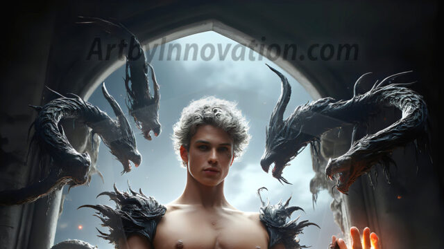 AI male art photos with a fantastical atmosphere. Imagine a Hogwarts School of Witchcraft student, from the Harry Potter series, a handsome, beautiful, and attractive, shirtless young teenage boy, standing firm against a threat. With a detailed Hogwarts castle background, casting a powerful spell, conjuring creatures based on their assigned house crest. From Demonic snakes, powerful lions, fierce badgers, or a murder of Crows. Dementors floating ominously in a cloudy sky, and sparks, shadows, and cinematic lighting, offering an otherworldly vibe.