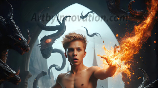 AI male art photos with a fantastical atmosphere. Imagine a Hogwarts School of Witchcraft student, from the Harry Potter series, a handsome, beautiful, and attractive, shirtless young teenage boy, standing firm against a threat. With a detailed Hogwarts castle background, casting a powerful spell, conjuring creatures based on their assigned house crest. From Demonic snakes, powerful lions, fierce badgers, or a murder of Crows. Dementors floating ominously in a cloudy sky, and sparks, shadows, and cinematic lighting, offering an otherworldly vibe.