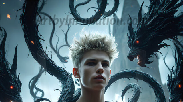 AI male art photos with a fantastical atmosphere. Imagine a Hogwarts School of Witchcraft student, from the Harry Potter series, a handsome, beautiful, and attractive, shirtless young teenage boy, standing firm against a threat. With a detailed Hogwarts castle background, casting a powerful spell, conjuring creatures based on their assigned house crest. From Demonic snakes, powerful lions, fierce badgers, or a murder of Crows. Dementors floating ominously in a cloudy sky, and sparks, shadows, and cinematic lighting, offering an otherworldly vibe.