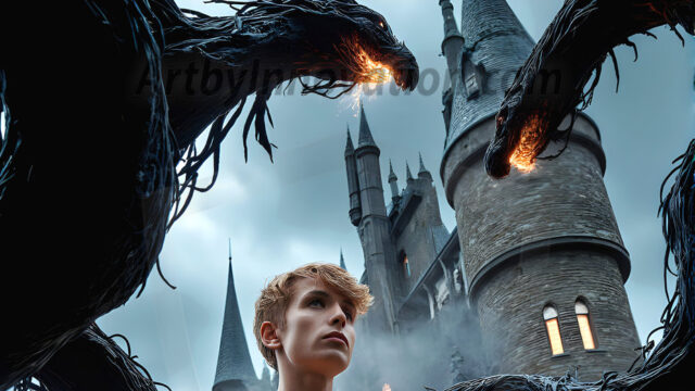 AI male art photos with a fantastical atmosphere. Imagine a Hogwarts School of Witchcraft student, from the Harry Potter series, a handsome, beautiful, and attractive, shirtless young teenage boy, standing firm against a threat. With a detailed Hogwarts castle background, casting a powerful spell, conjuring creatures based on their assigned house crest. From Demonic snakes, powerful lions, fierce badgers, or a murder of Crows. Dementors floating ominously in a cloudy sky, and sparks, shadows, and cinematic lighting, offering an otherworldly vibe.