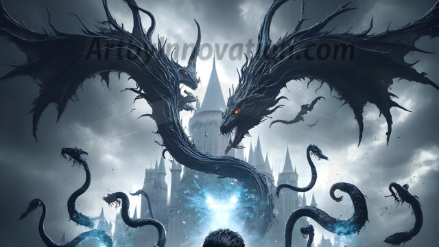 AI male art photos with a fantastical atmosphere. Imagine a Hogwarts School of Witchcraft student, from the Harry Potter series, a handsome, beautiful, and attractive, shirtless young teenage boy, standing firm against a threat. With a detailed Hogwarts castle background, casting a powerful spell, conjuring creatures based on their assigned house crest. From Demonic snakes, powerful lions, fierce badgers, or a murder of Crows. Dementors floating ominously in a cloudy sky, and sparks, shadows, and cinematic lighting, offering an otherworldly vibe.