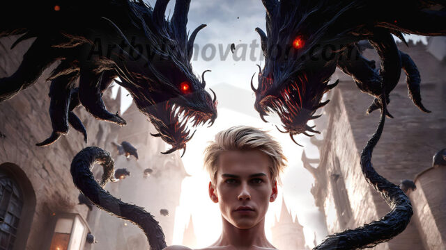 AI male art photos with a fantastical atmosphere. Imagine a Hogwarts School of Witchcraft student, from the Harry Potter series, a handsome, beautiful, and attractive, shirtless young teenage boy, standing firm against a threat. With a detailed Hogwarts castle background, casting a powerful spell, conjuring creatures based on their assigned house crest. From Demonic snakes, powerful lions, fierce badgers, or a murder of Crows. Dementors floating ominously in a cloudy sky, and sparks, shadows, and cinematic lighting, offering an otherworldly vibe.