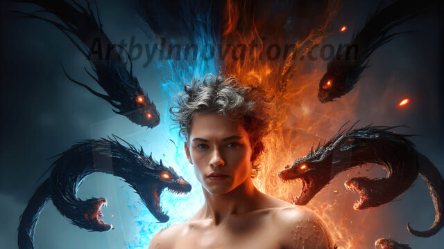AI male art photos with a fantastical atmosphere. Imagine a Hogwarts School of Witchcraft student, from the Harry Potter series, a handsome, beautiful, and attractive, shirtless young teenage boy, standing firm against a threat. With a detailed Hogwarts castle background, casting a powerful spell, conjuring creatures based on their assigned house crest. From Demonic snakes, powerful lions, fierce badgers, or a murder of Crows. Dementors floating ominously in a cloudy sky, and sparks, shadows, and cinematic lighting, offering an otherworldly vibe.