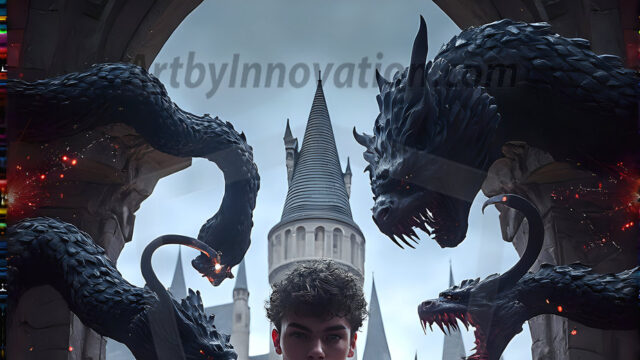 AI male art photos with a fantastical atmosphere. Imagine a Hogwarts School of Witchcraft student, from the Harry Potter series, a handsome, beautiful, and attractive, shirtless young teenage boy, standing firm against a threat. With a detailed Hogwarts castle background, casting a powerful spell, conjuring creatures based on their assigned house crest. From Demonic snakes, powerful lions, fierce badgers, or a murder of Crows. Dementors floating ominously in a cloudy sky, and sparks, shadows, and cinematic lighting, offering an otherworldly vibe.