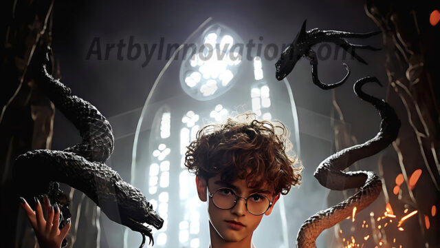 AI male art photos with a fantastical atmosphere. Imagine a Hogwarts School of Witchcraft student, from the Harry Potter series, a handsome, beautiful, and attractive, shirtless young teenage boy, standing firm against a threat. With a detailed Hogwarts castle background, casting a powerful spell, conjuring creatures based on their assigned house crest. From Demonic snakes, powerful lions, fierce badgers, or a murder of Crows. Dementors floating ominously in a cloudy sky, and sparks, shadows, and cinematic lighting, offering an otherworldly vibe.