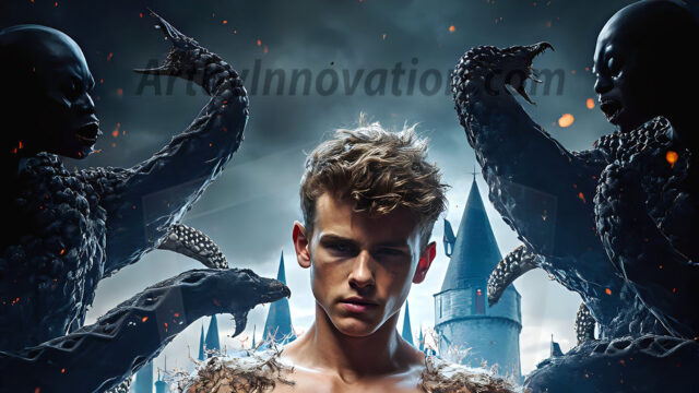AI male art photos with a fantastical atmosphere. Imagine a Hogwarts School of Witchcraft student, from the Harry Potter series, a handsome, beautiful, and attractive, shirtless young teenage boy, standing firm against a threat. With a detailed Hogwarts castle background, casting a powerful spell, conjuring creatures based on their assigned house crest. From Demonic snakes, powerful lions, fierce badgers, or a murder of Crows. Dementors floating ominously in a cloudy sky, and sparks, shadows, and cinematic lighting, offering an otherworldly vibe.
