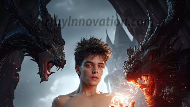 AI male art photos with a fantastical atmosphere. Imagine a Hogwarts School of Witchcraft student, from the Harry Potter series, a handsome, beautiful, and attractive, shirtless young teenage boy, standing firm against a threat. With a detailed Hogwarts castle background, casting a powerful spell, conjuring creatures based on their assigned house crest. From Demonic snakes, powerful lions, fierce badgers, or a murder of Crows. Dementors floating ominously in a cloudy sky, and sparks, shadows, and cinematic lighting, offering an otherworldly vibe.