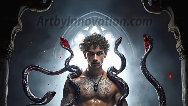 AI male art photos with a fantastical atmosphere. Imagine a Hogwarts School of Witchcraft student, from the Harry Potter series, a handsome, beautiful, and attractive, shirtless young teenage boy, standing firm against a threat. With a detailed Hogwarts castle background, casting a powerful spell, conjuring creatures based on their assigned house crest. From Demonic snakes, powerful lions, fierce badgers, or a murder of Crows. Dementors floating ominously in a cloudy sky, and sparks, shadows, and cinematic lighting, offering an otherworldly vibe.