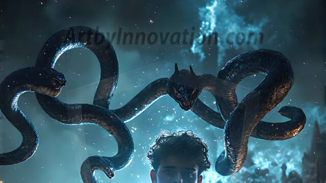 AI male art photos with a fantastical atmosphere. Imagine a Hogwarts School of Witchcraft student, from the Harry Potter series, a handsome, beautiful, and attractive, shirtless young teenage boy, standing firm against a threat. With a detailed Hogwarts castle background, casting a powerful spell, conjuring creatures based on their assigned house crest. From Demonic snakes, powerful lions, fierce badgers, or a murder of Crows. Dementors floating ominously in a cloudy sky, and sparks, shadows, and cinematic lighting, offering an otherworldly vibe.