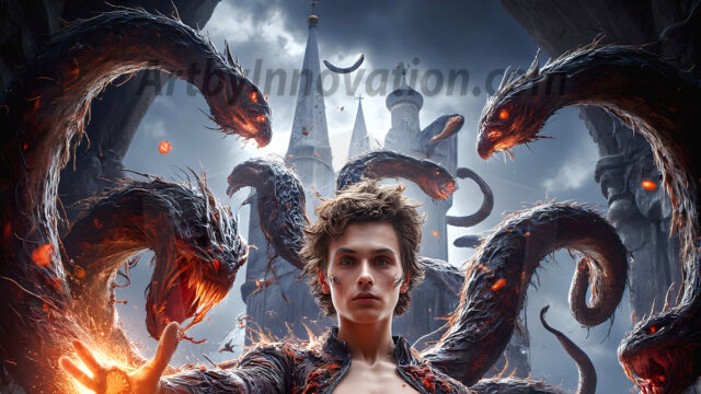 AI male art photos with a fantastical atmosphere. Imagine a Hogwarts School of Witchcraft student, from the Harry Potter series, a handsome, beautiful, and attractive, shirtless young teenage boy, standing firm against a threat. With a detailed Hogwarts castle background, casting a powerful spell, conjuring creatures based on their assigned house crest. From Demonic snakes, powerful lions, fierce badgers, or a murder of Crows. Dementors floating ominously in a cloudy sky, and sparks, shadows, and cinematic lighting, offering an otherworldly vibe.