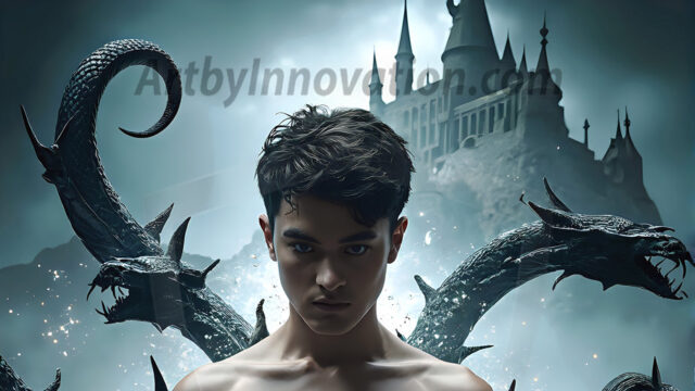 AI male art photos with a fantastical atmosphere. Imagine a Hogwarts School of Witchcraft student, from the Harry Potter series, a handsome, beautiful, and attractive, shirtless young teenage boy, standing firm against a threat. With a detailed Hogwarts castle background, casting a powerful spell, conjuring creatures based on their assigned house crest. From Demonic snakes, powerful lions, fierce badgers, or a murder of Crows. Dementors floating ominously in a cloudy sky, and sparks, shadows, and cinematic lighting, offering an otherworldly vibe.