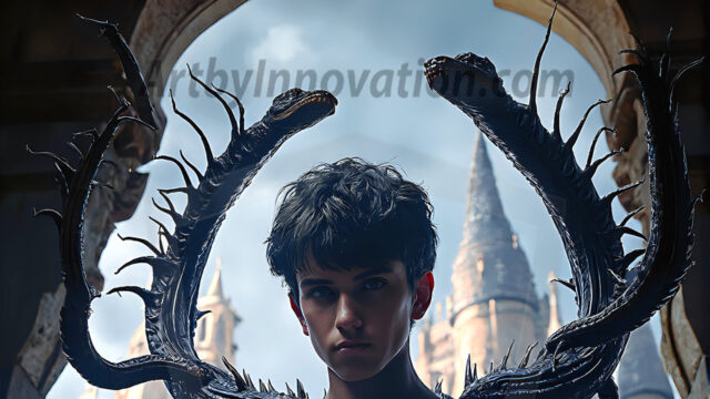 AI male art photos with a fantastical atmosphere. Imagine a Hogwarts School of Witchcraft student, from the Harry Potter series, a handsome, beautiful, and attractive, shirtless young teenage boy, standing firm against a threat. With a detailed Hogwarts castle background, casting a powerful spell, conjuring creatures based on their assigned house crest. From Demonic snakes, powerful lions, fierce badgers, or a murder of Crows. Dementors floating ominously in a cloudy sky, and sparks, shadows, and cinematic lighting, offering an otherworldly vibe.