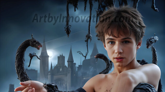 AI male art photos with a fantastical atmosphere. Imagine a Hogwarts School of Witchcraft student, from the Harry Potter series, a handsome, beautiful, and attractive, shirtless young teenage boy, standing firm against a threat. With a detailed Hogwarts castle background, casting a powerful spell, conjuring creatures based on their assigned house crest. From Demonic snakes, powerful lions, fierce badgers, or a murder of Crows. Dementors floating ominously in a cloudy sky, and sparks, shadows, and cinematic lighting, offering an otherworldly vibe.