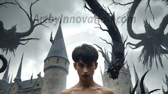 AI male art photos with a fantastical atmosphere. Imagine a Hogwarts School of Witchcraft student, from the Harry Potter series, a handsome, beautiful, and attractive, shirtless young teenage boy, standing firm against a threat. With a detailed Hogwarts castle background, casting a powerful spell, conjuring creatures based on their assigned house crest. From Demonic snakes, powerful lions, fierce badgers, or a murder of Crows. Dementors floating ominously in a cloudy sky, and sparks, shadows, and cinematic lighting, offering an otherworldly vibe.