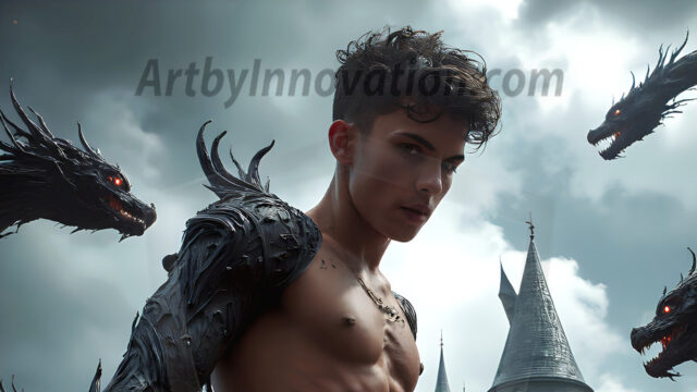 AI male art photos with a fantastical atmosphere. Imagine a Hogwarts School of Witchcraft student, from the Harry Potter series, a handsome, beautiful, and attractive, shirtless young teenage boy, standing firm against a threat. With a detailed Hogwarts castle background, casting a powerful spell, conjuring creatures based on their assigned house crest. From Demonic snakes, powerful lions, fierce badgers, or a murder of Crows. Dementors floating ominously in a cloudy sky, and sparks, shadows, and cinematic lighting, offering an otherworldly vibe.