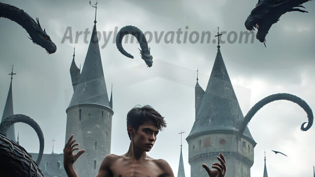 AI male art photos with a fantastical atmosphere. Imagine a Hogwarts School of Witchcraft student, from the Harry Potter series, a handsome, beautiful, and attractive, shirtless young teenage boy, standing firm against a threat. With a detailed Hogwarts castle background, casting a powerful spell, conjuring creatures based on their assigned house crest. From Demonic snakes, powerful lions, fierce badgers, or a murder of Crows. Dementors floating ominously in a cloudy sky, and sparks, shadows, and cinematic lighting, offering an otherworldly vibe.
