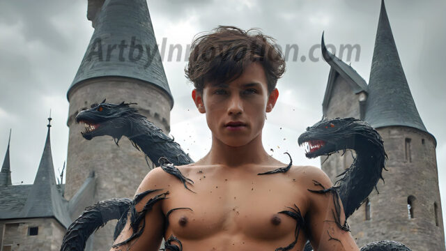 AI male art photos with a fantastical atmosphere. Imagine a Hogwarts School of Witchcraft student, from the Harry Potter series, a handsome, beautiful, and attractive, shirtless young teenage boy, standing firm against a threat. With a detailed Hogwarts castle background, casting a powerful spell, conjuring creatures based on their assigned house crest. From Demonic snakes, powerful lions, fierce badgers, or a murder of Crows. Dementors floating ominously in a cloudy sky, and sparks, shadows, and cinematic lighting, offering an otherworldly vibe.