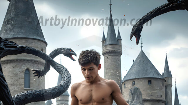 AI male art photos with a fantastical atmosphere. Imagine a Hogwarts School of Witchcraft student, from the Harry Potter series, a handsome, beautiful, and attractive, shirtless young teenage boy, standing firm against a threat. With a detailed Hogwarts castle background, casting a powerful spell, conjuring creatures based on their assigned house crest. From Demonic snakes, powerful lions, fierce badgers, or a murder of Crows. Dementors floating ominously in a cloudy sky, and sparks, shadows, and cinematic lighting, offering an otherworldly vibe.