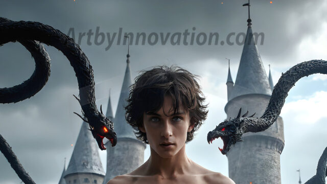 AI male art photos with a fantastical atmosphere. Imagine a Hogwarts School of Witchcraft student, from the Harry Potter series, a handsome, beautiful, and attractive, shirtless young teenage boy, standing firm against a threat. With a detailed Hogwarts castle background, casting a powerful spell, conjuring creatures based on their assigned house crest. From Demonic snakes, powerful lions, fierce badgers, or a murder of Crows. Dementors floating ominously in a cloudy sky, and sparks, shadows, and cinematic lighting, offering an otherworldly vibe.